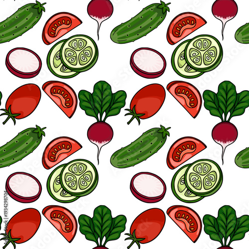 Seamless vector pattern of fresh cucumbers, tomatoes, and radishes with leaves