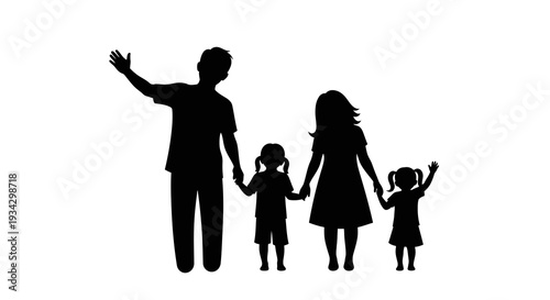 Family of four silhouetted against a white background, holding hands and waving together happily in a joyful scene viewed from behind