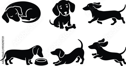 Minimalist vector art dachshund icons sleeping sitting running eating playing with bone bowl playful poses side view front close up flat design pet icon set silhouette