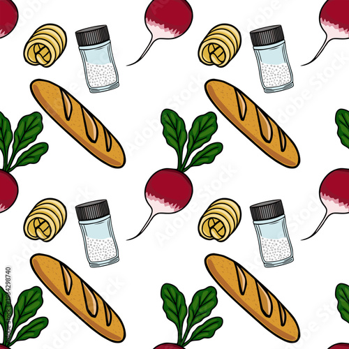 Whimsical vector pattern of fresh radishes, crusty baguettes, butter curls, and salt shakers