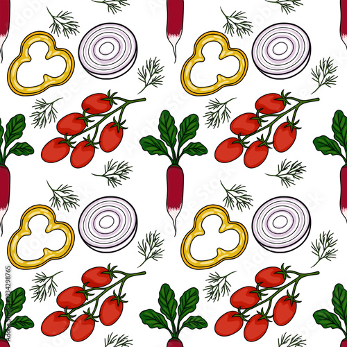 Vibrant vector pattern of fresh vegetables, including radishes, cherry tomatoes on the vine, sliced red onions, and yellow bell pepper rings, with dill sprigs.
