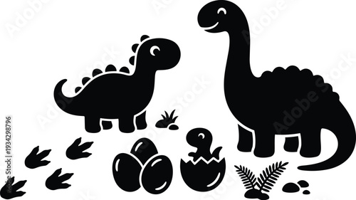 Flat silhouette vector art close up side view dinosaur family with eggs and hatchling walking showing footprints fern details smiling simple black shapes cute low angle