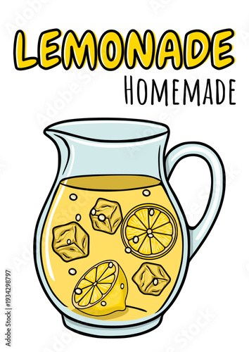 Refreshing homemade lemonade in a pitcher with ice cubes and lemon slices, vector poster illustration