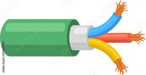 Electrical cable with stripped wires showing copper strands