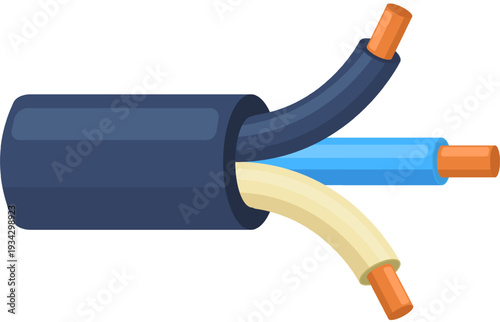 Electrical cable showing exposed wires and copper conductors