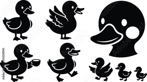 Minimalist vector icon set of playful duck silhouettes showing waddling walking cup holding close up head profile and family trio in flat black simple bold monochrome