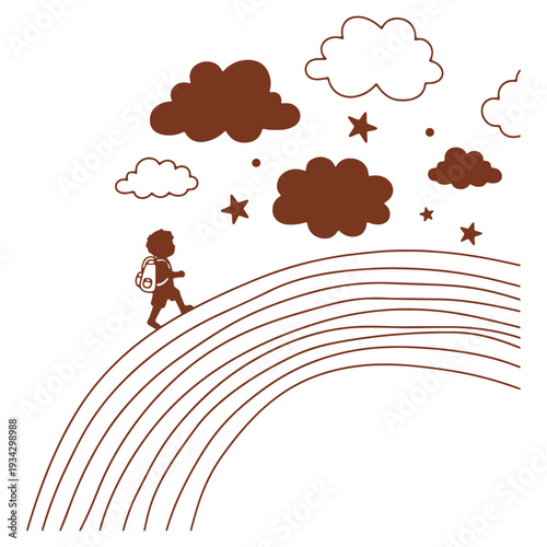 Boy with backpack on rainbow with clouds and stars whimsical illustration concept for childhood dreams and journey of life