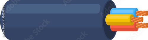 Electrical cable showing exposed colorful wires and copper strands