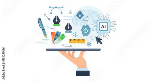 AI Powered Graphic Design Concept. Artificial Intelligence automating creative workflow with digital tools, brain, and microchip integration.