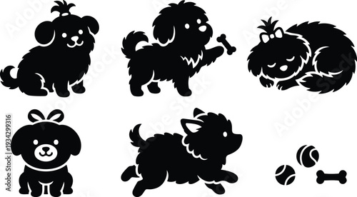 Cute silhouette vector dog icons set six playful puppy poses running sleeping sitting holding bone and ball simple flat design black and white minimal outline friendly