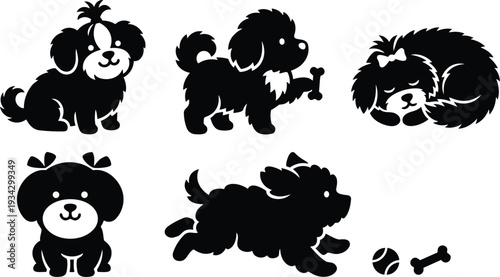 Minimalist icon set of six cute puppy silhouettes showing sitting running sleeping and playing with bow bone and ball in bold black flat vector art icons