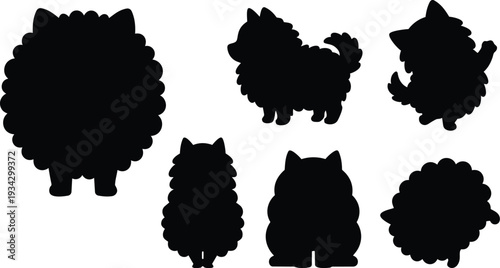 Minimalist vector art fluffy pomeranian silhouette set showing six playful angles including side profile back view sitting standing jumping close up isolated flat black shapes paw
