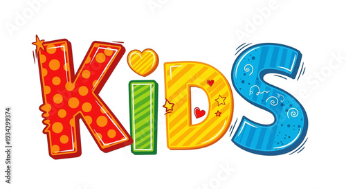 Colorful illustration of kids word with decorative letters and heart symbols for children's theme