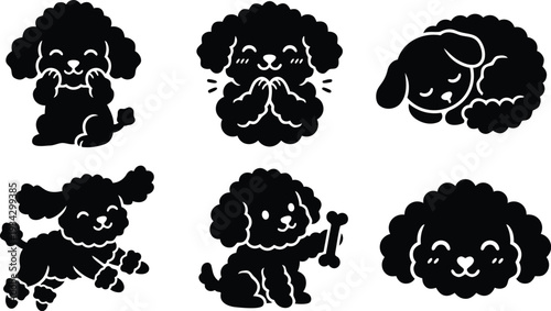 Vector art close up poodle puppy icon set showing smiling sleeping running and holding bone in simple silhouette on white background playful cute minimal flat design