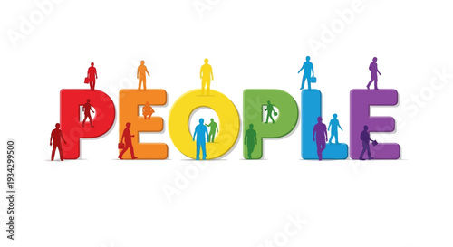 Diverse group of people forming a colorful typographic representation