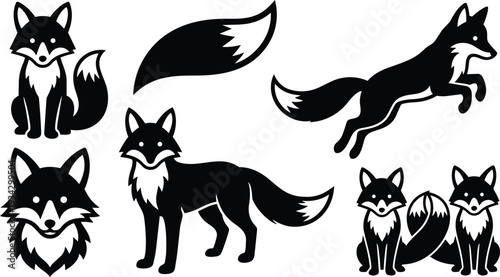 Minimalist vector fox icon set showing sitting standing leaping and head badge views with separate tail element and bold black silhouette flat design logo badge use