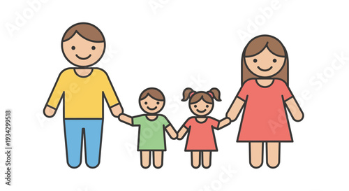 Family of four holding hands together in a happy illustration