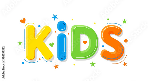 Colorful illustration of kids in a playful environment with vibrant letters and stars