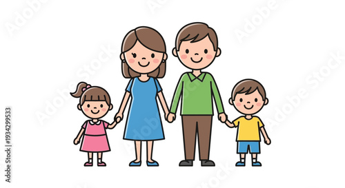 Illustration of happy family with parents and children standing together, holding hands, and smiling at the viewer
