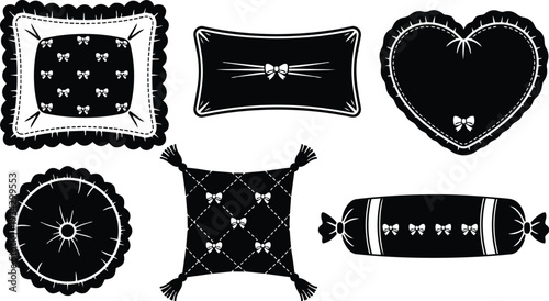 Vintage vector art top view six decorative pillows with heart and round shapes quilted patterns tassels bows ornate stitching black silhouettes on white background isolated flat
