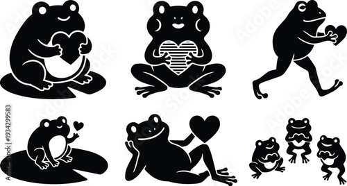 Minimalist vector frog silhouettes holding hearts in various poses sitting on lily pad running and reclining flat design icons black and white cute romantic playful valentines