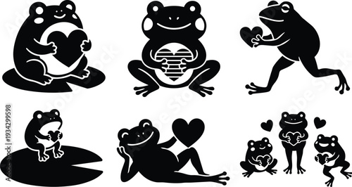 Cute monochrome frog heart icons in playful poses holding hearts sitting reclining jumping on lily pads and grouped compositions flat vector silhouette set smiling side view