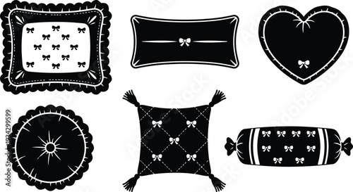 Minimalist vector close up set of six decorative pillows with bows tassels heart and round shapes flat black silhouette top view ornate edging stitched pattern charming