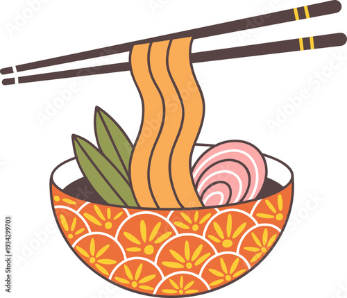 Noodles and chopsticks serving delicious Asian food