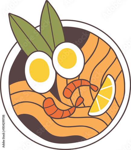 Noodle soup bowl with shrimp eggs and lemon