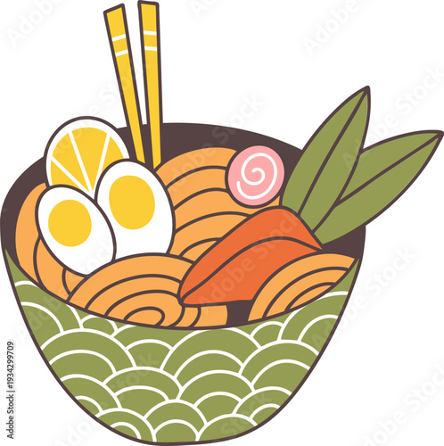 Ramen bowl illustration with chopsticks and eggs