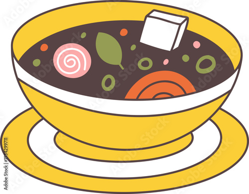 Miso soup in yellow bowl with tofu and ingredients