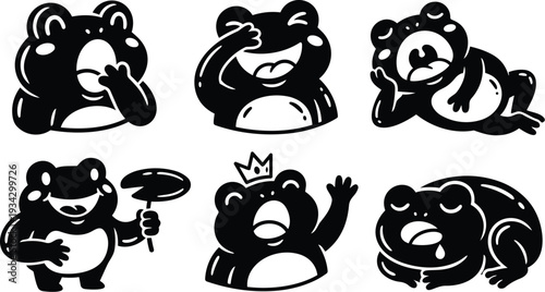 Minimalist flat design frog icon set showing six expressive cartoon frogs laughing yawning reclining waving holding mushroom wearing crown close up black and white vector collection