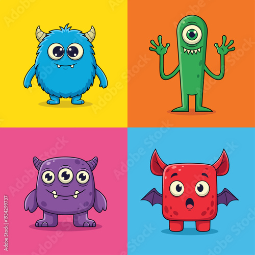 Cartoon monster friends in bright colorful pop art grid layout.