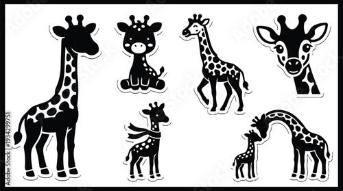 Flat design giraffe sticker sheet showing mother and baby nuzzling close plus single standing walking and head close ups on white background vector art black silhouettes