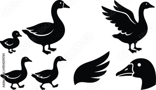 Minimalist vector art side view goose family walking and flying with raised wings and head profile isolated on white background black silhouette flat simple icons