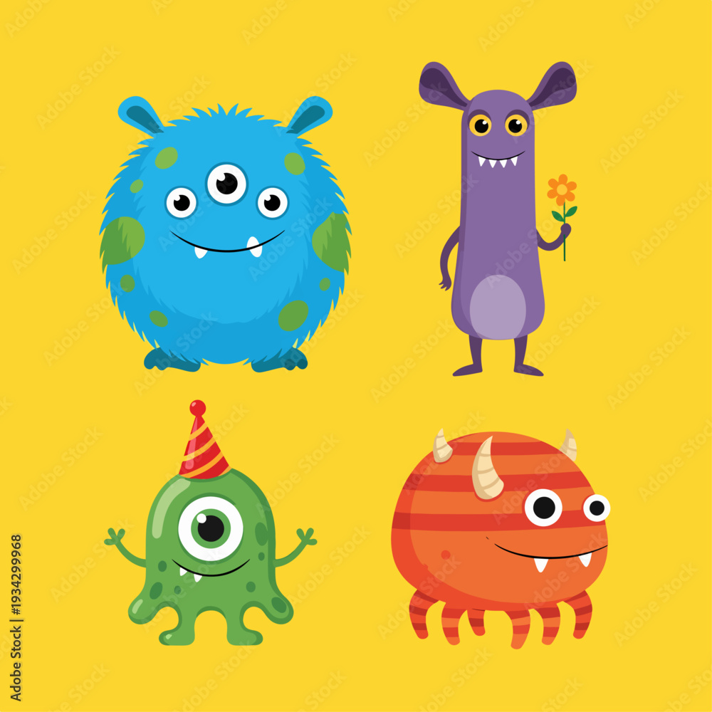 Fototapeta premium Smiling green monster with four arms celebrating fun times against bold orange cartoon background.