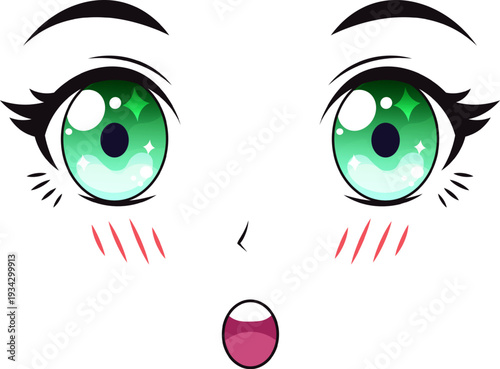 Surprised anime girl face with sparkling green eyes