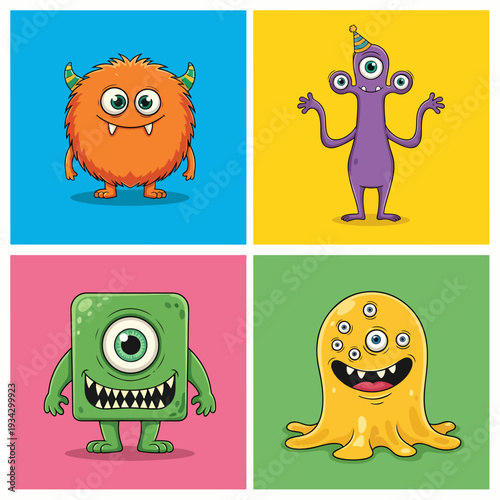 Red baby alien monster with antennas giggling sweetly on fresh green minimal background.