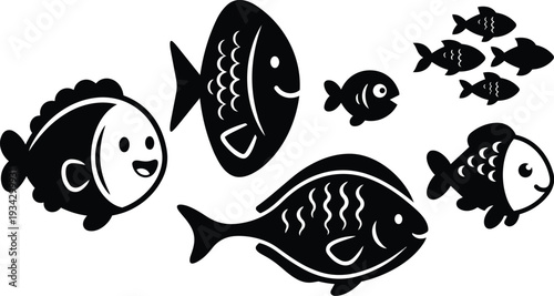 Minimalist vector art side view smiling fish and varied sized school swimming left with scales fins and tails in flat black and white composition vector illustration