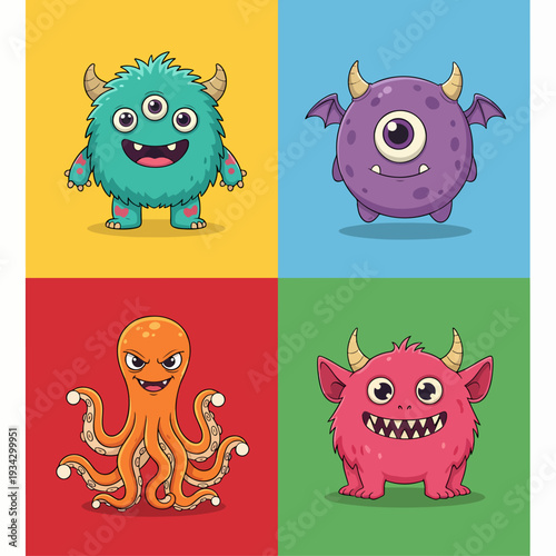 One-eyed purple spiky monster showing tiny fangs while standing on calm blue colorful square.