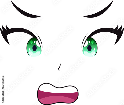 Anime face expressing surprise with wide green eyes
