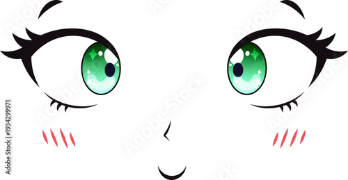 Anime girl face happy expression with green eyes