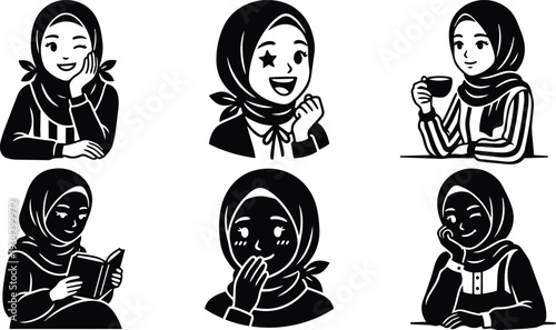 Minimalist vector woman in hijab six expressive portrait icons showing winking laughing sipping coffee reading surprised blushing and thoughtful black and white close up flat design