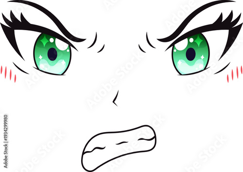 Anime feeling angry face with green eyes showing rage