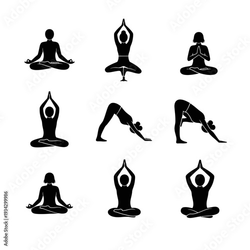 A set of nine different yoga poses in black silhouette on a white background