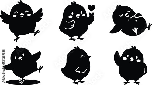 Minimalist silhouette vector art six cute baby chick icons in various poses waving sleeping dancing holding heart simple black shapes flat design front view closeup playful