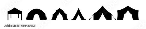 Camping tent shelter canopy pavilion marquee gazebo silhouette icon set black isolated outdoor adventure tent icon set.