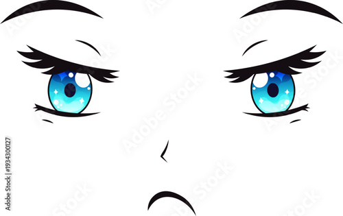 Anime girl face frowning with blue eyes