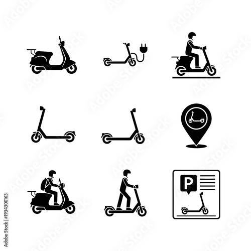 Black and white icons depicting various scooters and related symbols