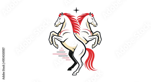 Two rearing horses with red manes and star logo on white background vector design